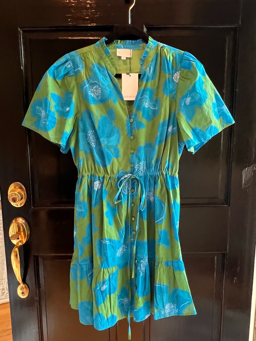 NWT, Sugarlips Blue & Green Floral Button-Front Mini Dress, Size Large